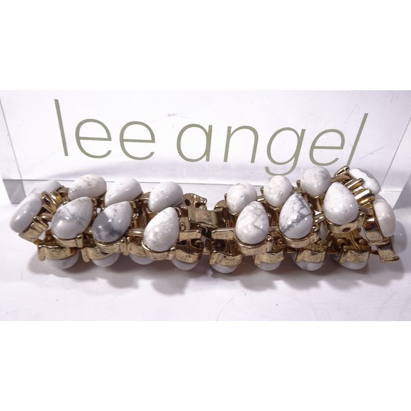 Neiman Marcus Lee Angel Howlite Teardrop Brass Link Bracelet NWT 298 - Picture 4 of 11